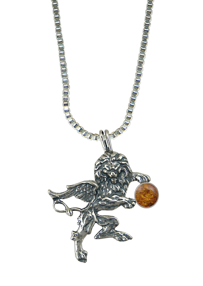 Sterling Silver Winged Lion of the Royal Court Pendant With Amber
